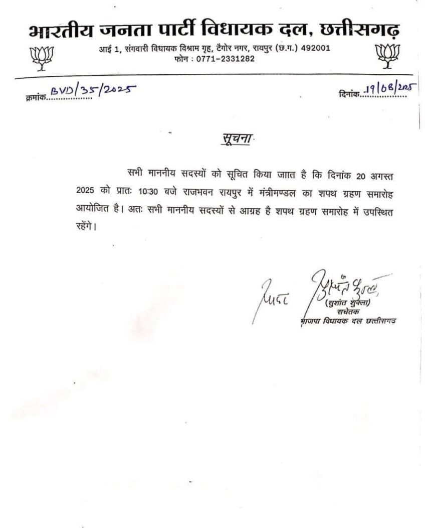 छत्तीसगढ़ में बुधवार को होगा साय मंत्रिमंडल का विस्तार, तीन नए चेहरों को मिलेगा मौका; गजेंद्र यादव, गुरु खुशवंत साहेब और राजेश अग्रवाल के नाम लगभग तय